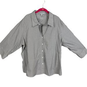 Foxcroft Plus Size Fitted Button Up Blouse Gray White Pinstripe SZ 22W Normcore